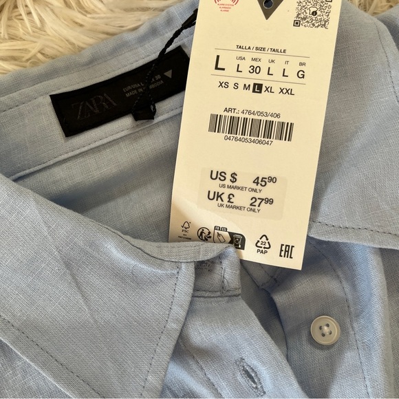 NWT ZARA Linen Tie Waist Button Blouse Blue Size L Oversized Fit - Picture 3 of 14